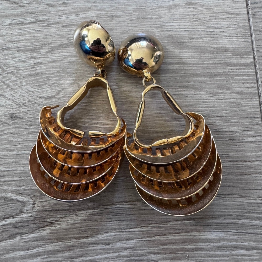 Vintage Gold Tone Tiered Chandelier Clip On Statement Earrings 80s Glam